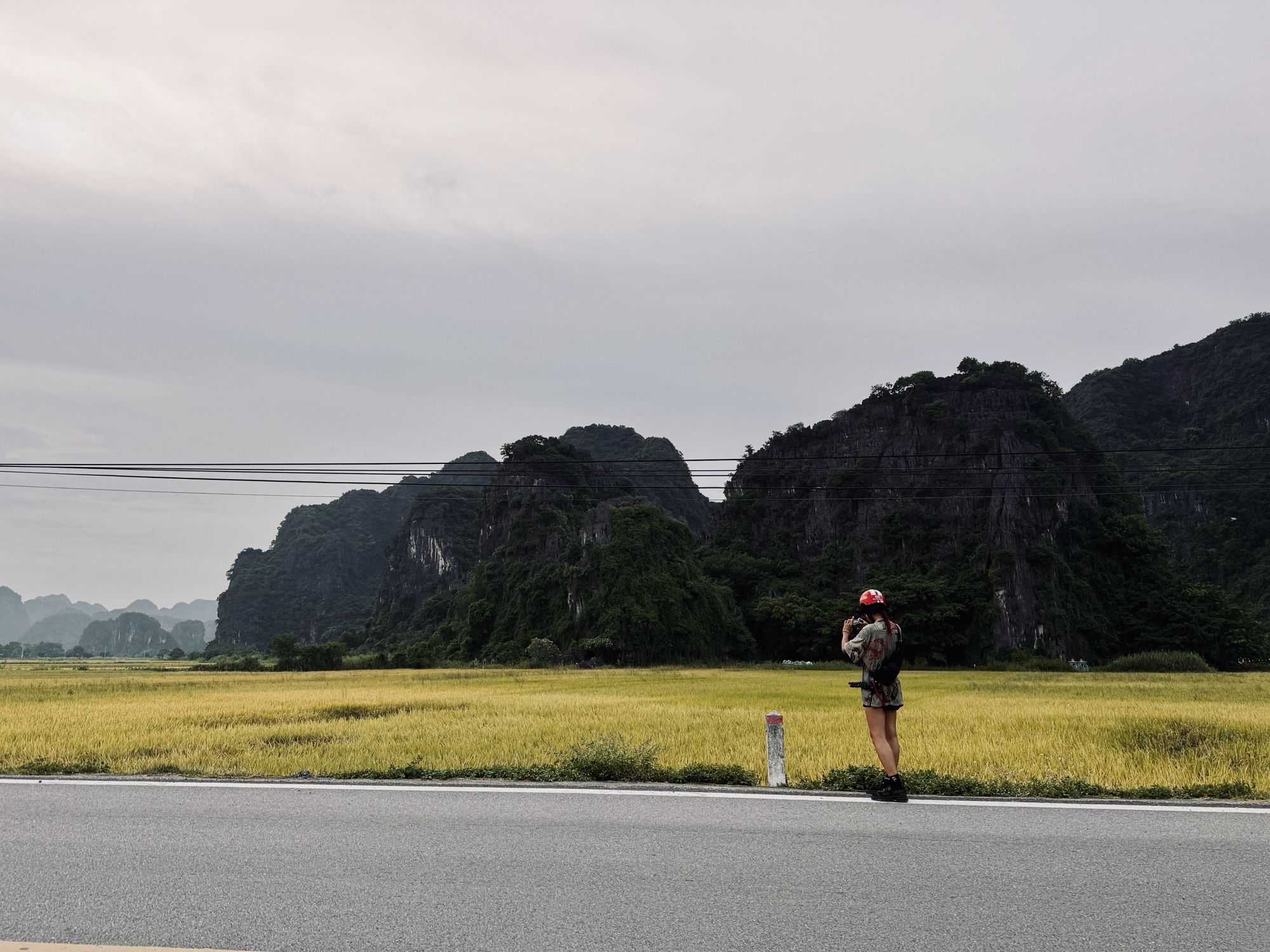 Voyageuse photographiant une vallée de pics karstiques depuis le bord de la route à Trang An, Ninh Binh